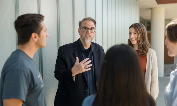 image shows Ed Stetzer speaking to students 