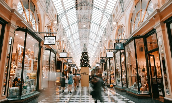 image shows a shopping mall at Christmas