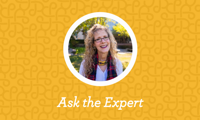 Portrait of Willa Williams, LMFT, smiling outdoors in a circular frame above the words “Ask the Expert” on a yellow patterned background.