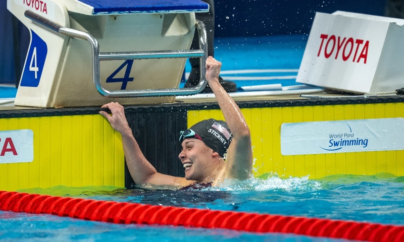 image shows Morgan Stickney in the water after winning the championship