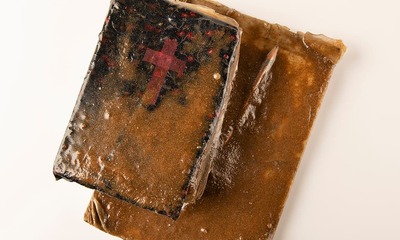 old Bible, notes, pencil, sand, transparent resin