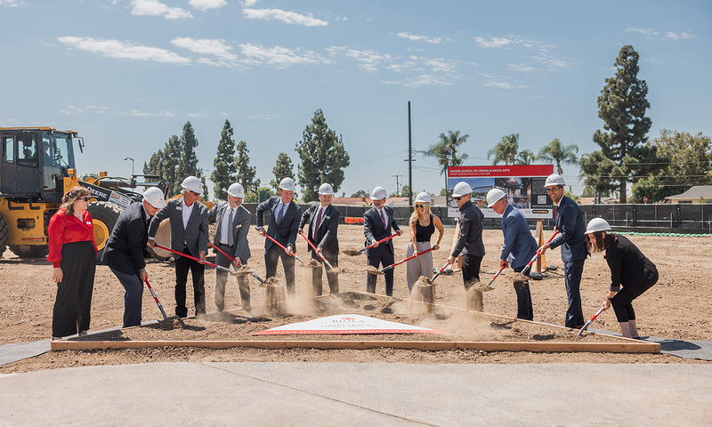 Image shows Biola leaders and Lynsi-Snyder Ellingson breaking ground on Biola's new studio facility for Snyder School of Cinema and Media Arts