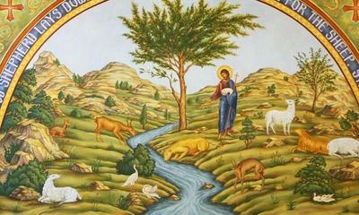 Painting of Jesus as a good shepherd surrounded by his flock