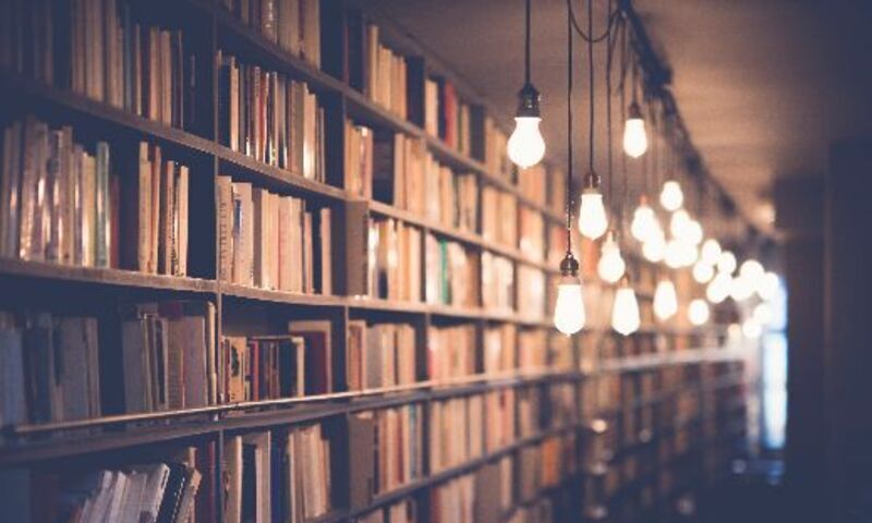 image shows books on shelves