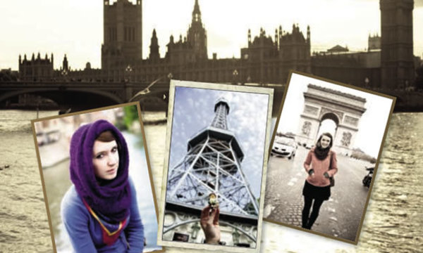 Three postcards overlaid on a landmark