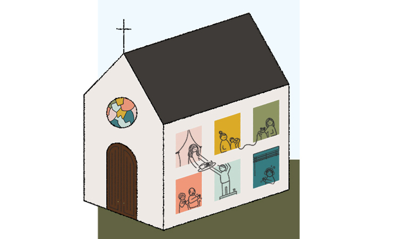 illustration of a church building with different family members in different windows