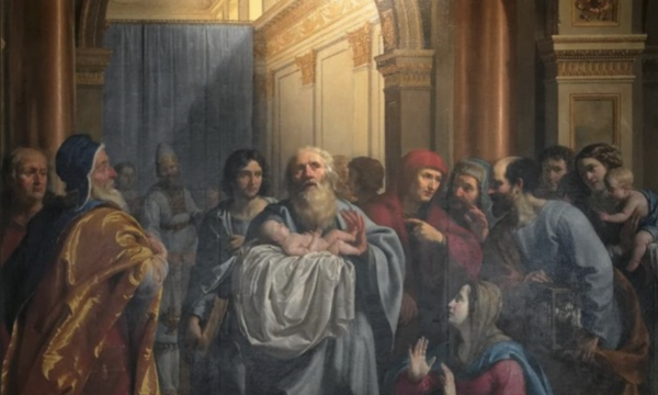 Famous Painting of a crowd surrounding baby Jesus