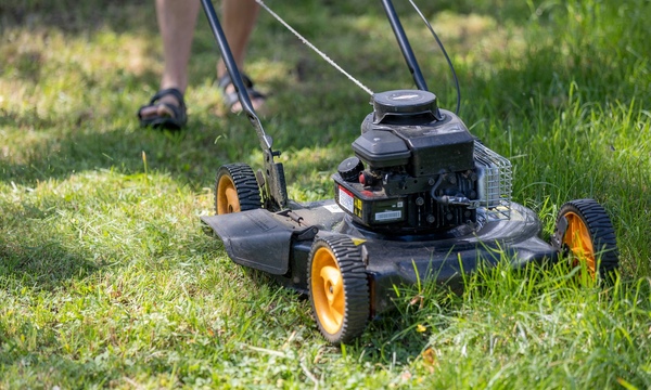 image shows a lawn mower on grass