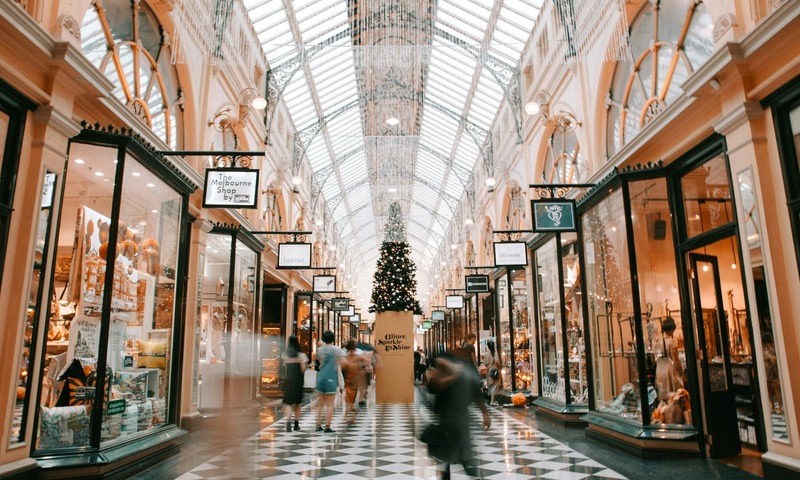 image shows a shopping mall at Christmas