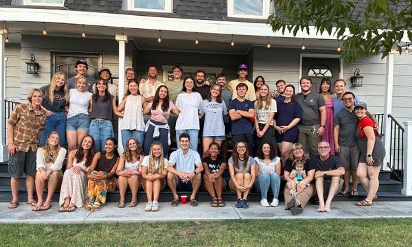 image shows students outside the Berdhouse