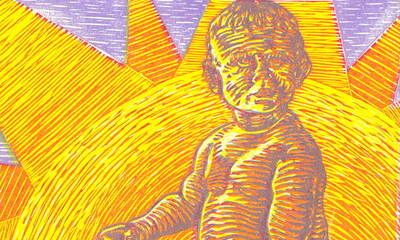 stylized artwork of a baby sitting in front of the sun