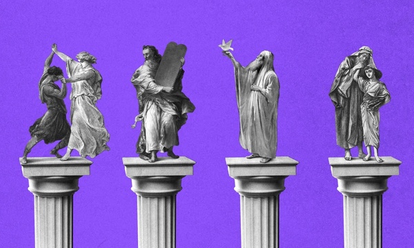 image shows historical figures in front of a purple background