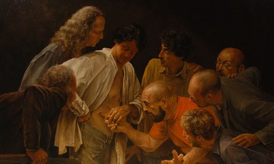 Painting of Jesus with disciples looking at his hands