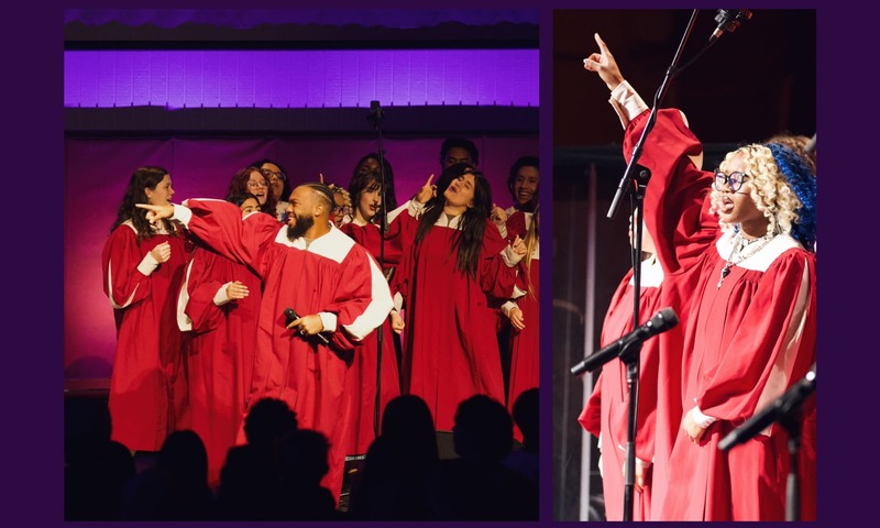 image show Roman Collins leading the Gospel Choir during Gospel Fest, a member of the gospel choir