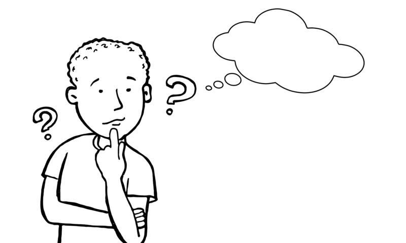 image shows an illustration of a boy pondering
