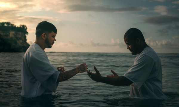 image shows two men in the water for baptism