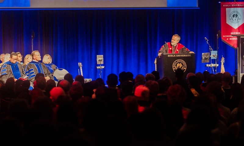 image shows President Corey addressing Biola at Convocation 