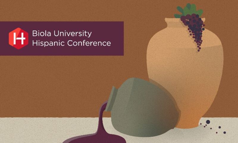Image shows promotional image for Biola University Hispanic Conference with illustration of a pot spilling wine