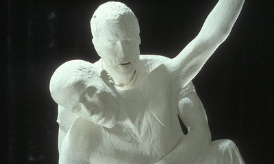 Descent from the Cross - Cast hydrocal, steel, wood, fiberglass, neon, cloth figure - life-size