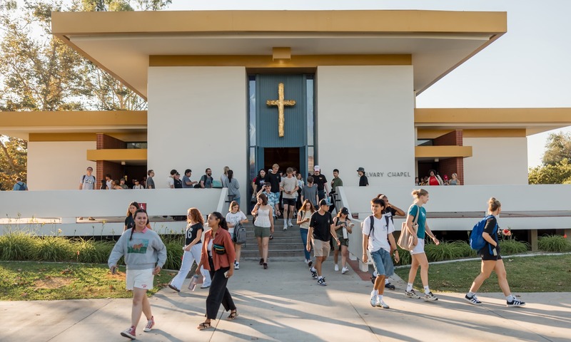 Image shows students walking out of Calvary Chapel