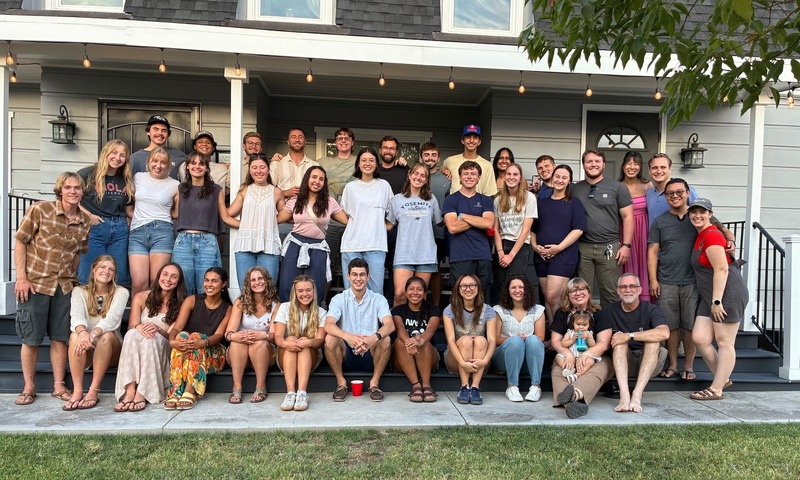 image shows students outside the Berdhouse