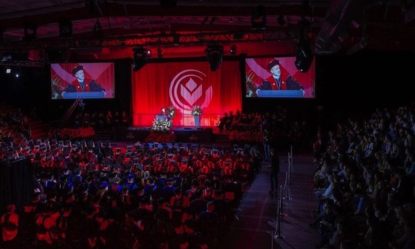 Image shows an aerial view of the commencement ceremony. 