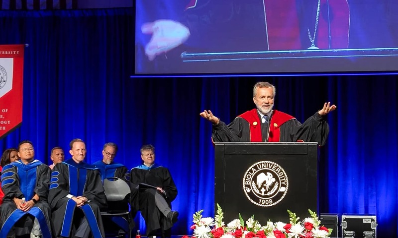 Image shows Dr. Barry H. Corey speaking at Convocation chapel