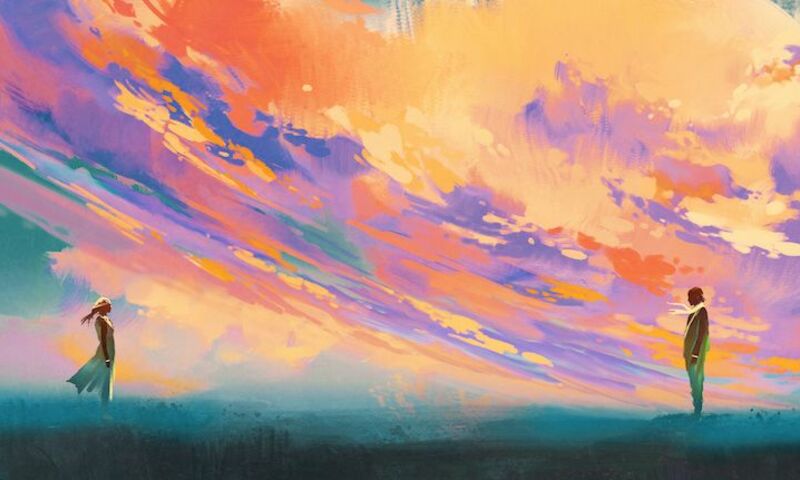 Image is a painting of a man and woman looking at each other with many colors in the sky 
