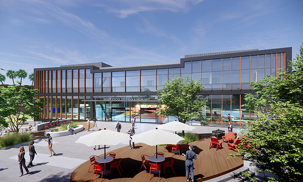 A rendering of the external entrance of the new Cinema and Media Arts building 