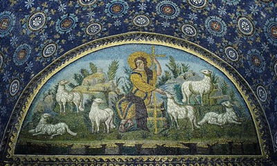 mosaic of a shepherd sitting among some sheep