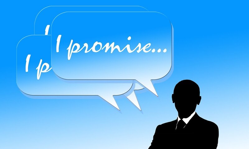 image shows a silhouette man saying "I promise"