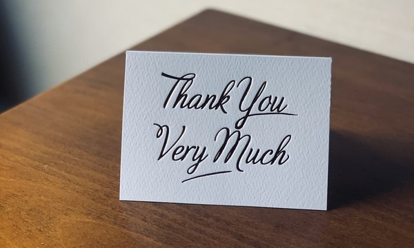 image shows a thank you note