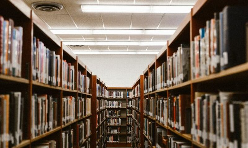 Image shows library stacks with view between two tall shelves