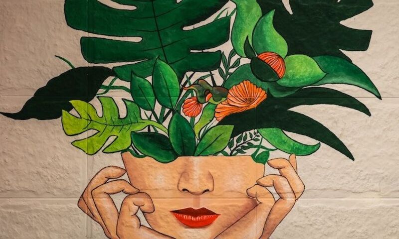 Artwork with woman's head opening up with plants growing out of it