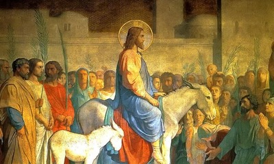 Painting of Jesus riding on a donkey