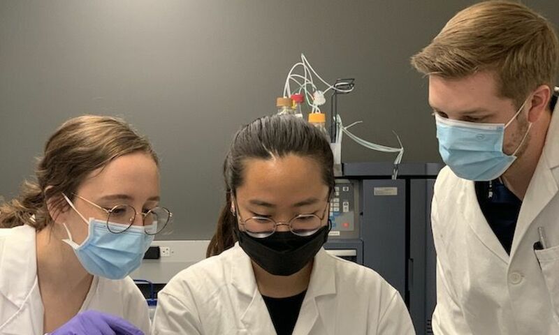 Image shows Megan Rupp (left), Grace Oh (center), and Jacob Ulam (right) observe the results of viral plaque formation on petri dishes for the nanomachine/virus research