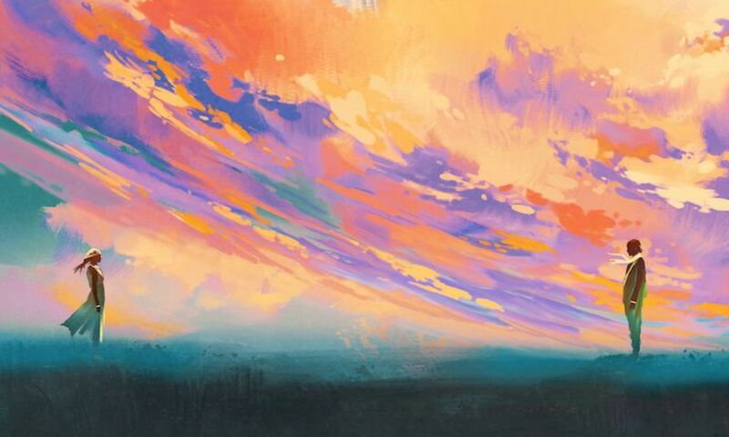 Abstract painting of sunset with a man and woman looking at each other from a distance