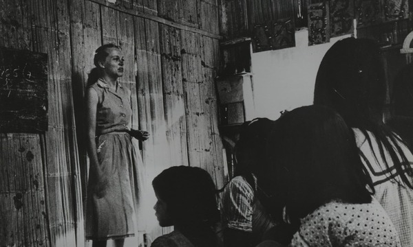 image shows Elisabeth Elliot teaching 