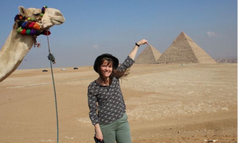 Dr. Carmen Imes showing the Great Pyramids in Egypt. 