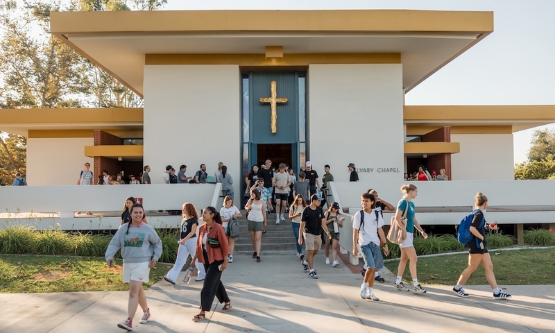 Image shows students walking out of Calvary Chapel