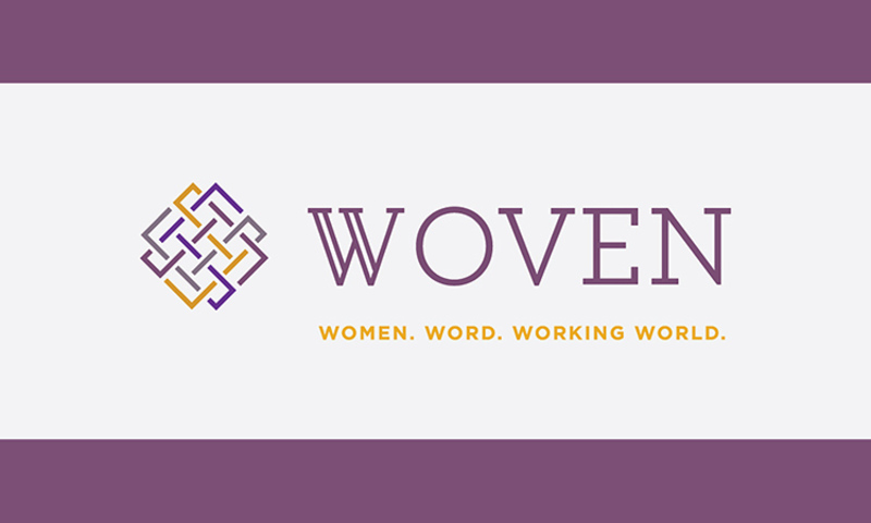 Logo, with large word Woven underlined with smaller words Women, Word, Working World