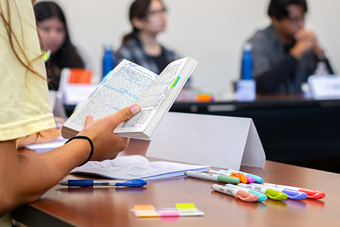students talking outside