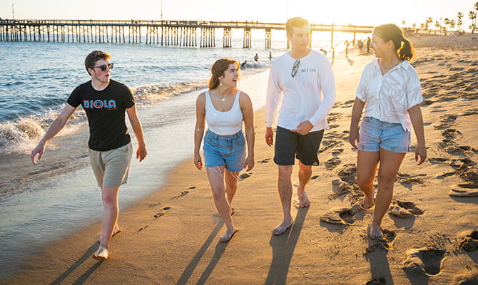 Students walking together on a beach