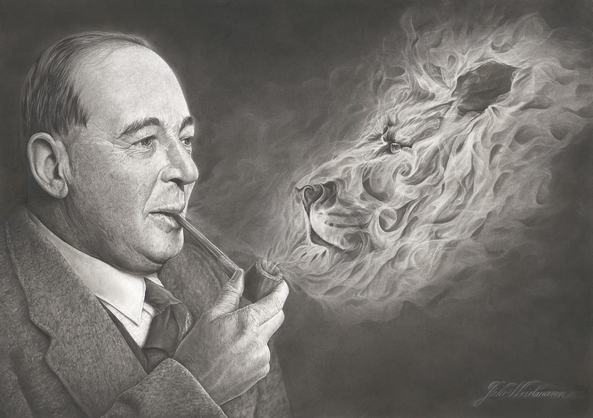 a drawing of C.S. Lewis looking at the face of a lion appearing in the smoke of his pipe