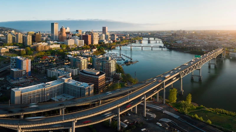 Aerial view of downtown Portland and the Willamette River.