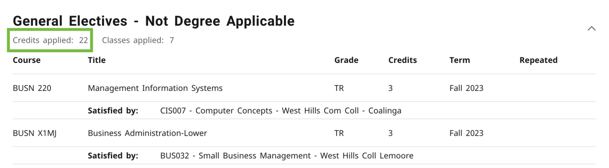 Screenshot of Degree Audit highlighting General Elective credits that are non-degree applicable