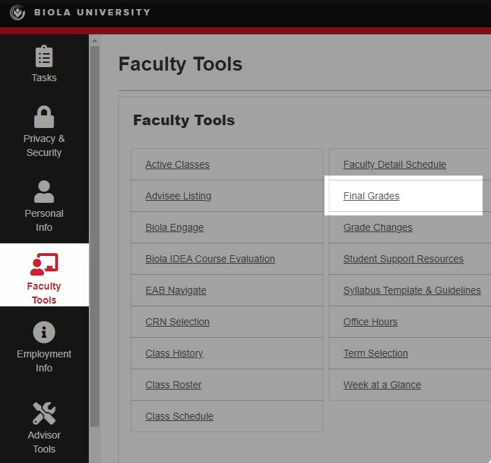 Screenshot highlighting Faculty tools and Final Grades link in MyAccount