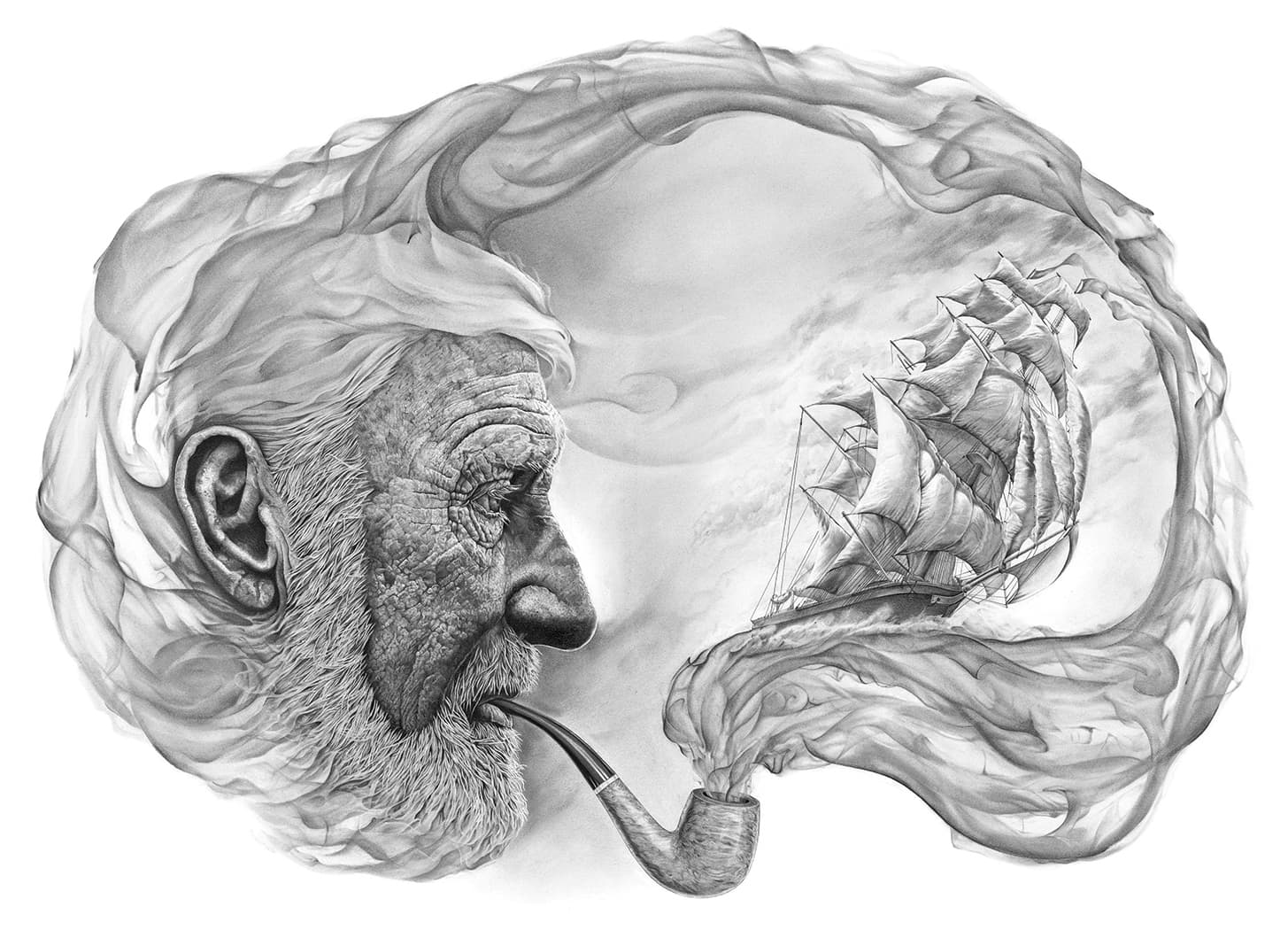 drawing of a ship sailing on the smoke from a man's pipe 