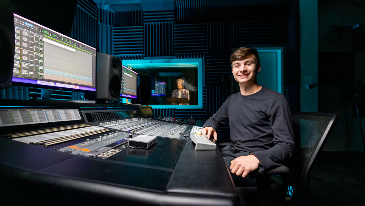 Student in main sound mixing suite