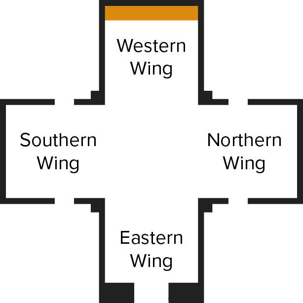 Cross shaped Calvary Chapel layout with Western Wing on top, Northern Wing to the right, Eastern Wing at the bottom, and Southern Wing on the left